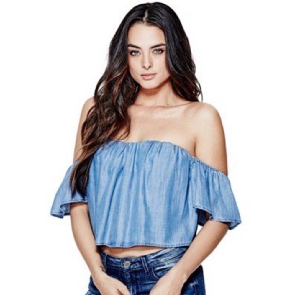 NWT GUESS Alden 2- Wash Corset Off- Shoulder Denim Bustier top Size S
